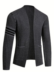 Men'S Chic Urban Knit Cardigan - Slim Fit, Long Sleeve, High-Stretch Fabric with Contrast Trim for Fall/Winter, Business Casual Outerwear