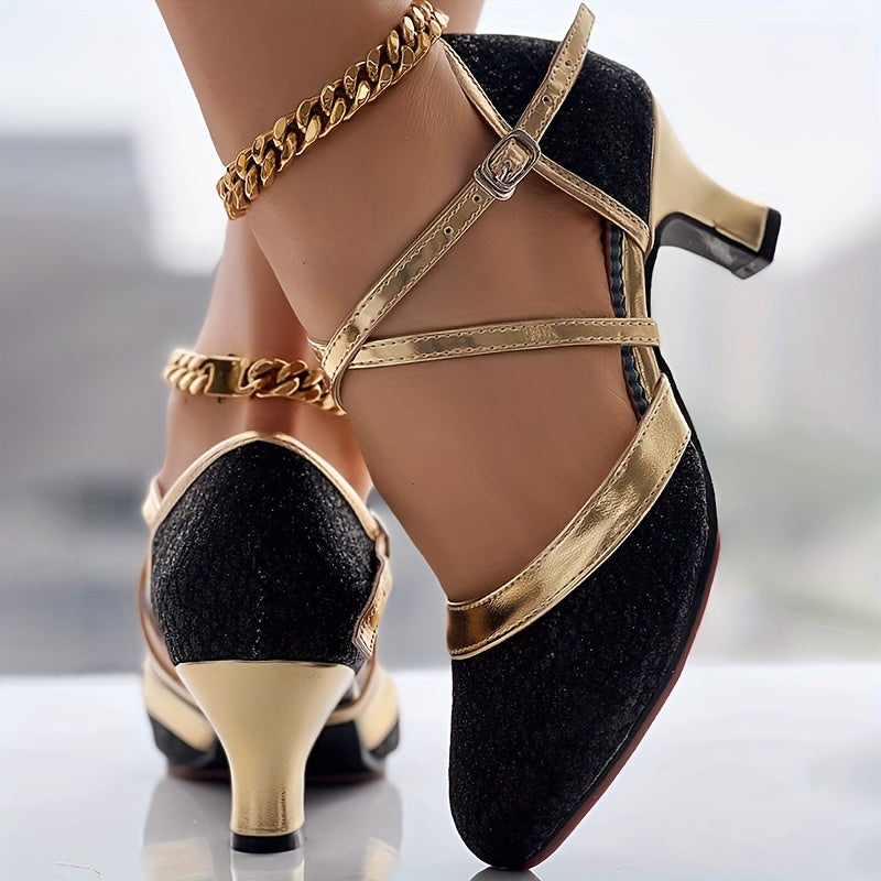 Women's Glitter D'Orsay Latin Dance Shoes, Crisscross Buckle Strap Chunky Mid Heels, All-Match Dress Dance Pumps SHOWLU FASHION STORE