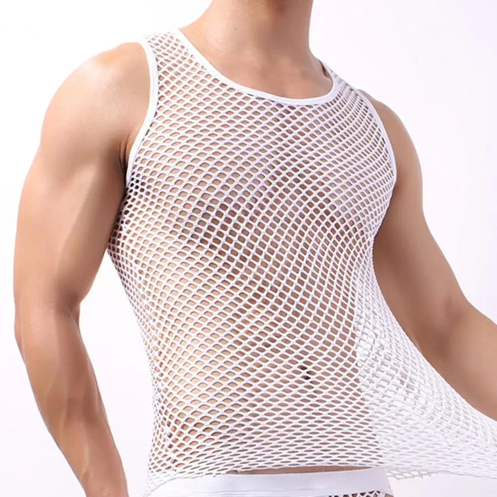 Fishnet Men Sexy Mesh Tank Tops Transparent Sleep Tops Male Underwear Pure Color Vest Sleeveless Tops Underwear Male Undershirt - SHOWLU FASHION STORE