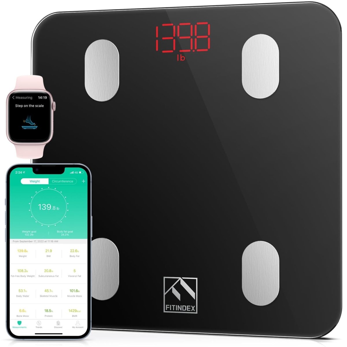 FITINDEX Digital Bathroom Scale, Accurate Scales for Body, BMI, Body Fat, Muscle Mass, 13 Body Composition Analyzer, Sync APP, Measures Weight up to 400 lbs - Black - SHOWLU FASHION STORE