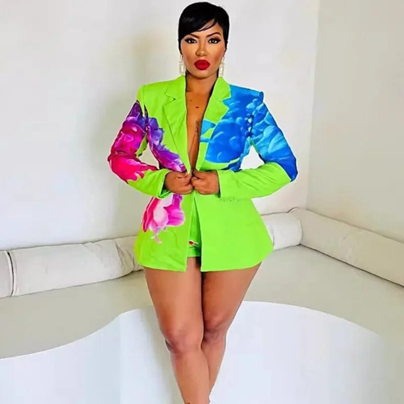 Floral Print 2 Piece Sets Women Outfit Elegant Office Lady Blazer Coat and Short Suits Club Party Matching Sets Conjuntos Curtos - SHOWLU FASHION STORE