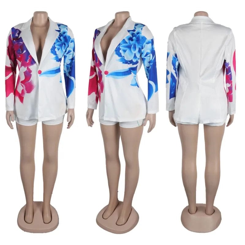Floral Print 2 Piece Sets Women Outfit Elegant Office Lady Blazer Coat and Short Suits Club Party Matching Sets Conjuntos Curtos - SHOWLU FASHION STORE