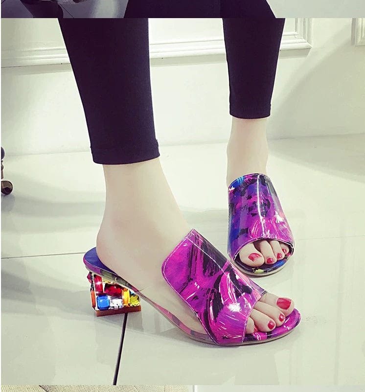 Flower Heel Transparent Women's Shoes New Summer Sandals Women's Mid Heel Slippers Chunky Heel Slip - on Patent Leather Sandals Women's Slippers - SHOWLU FASHION STORE