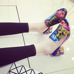 Flower Heel Transparent Women's Shoes New Summer Sandals Women's Mid Heel Slippers Chunky Heel Slip - on Patent Leather Sandals Women's Slippers - SHOWLU FASHION STORE
