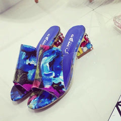 Flower Heel Transparent Women's Shoes New Summer Sandals Women's Mid Heel Slippers Chunky Heel Slip - on Patent Leather Sandals Women's Slippers - SHOWLU FASHION STORE