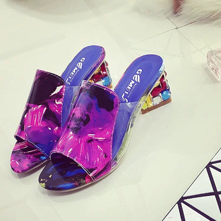 Flower Heel Transparent Women's Shoes New Summer Sandals Women's Mid Heel Slippers Chunky Heel Slip - on Patent Leather Sandals Women's Slippers - SHOWLU FASHION STORE