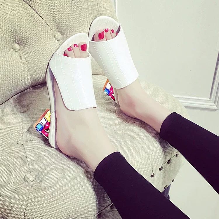 Flower Heel Transparent Women's Shoes New Summer Sandals Women's Mid Heel Slippers Chunky Heel Slip - on Patent Leather Sandals Women's Slippers - SHOWLU FASHION STORE