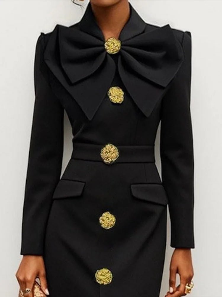 Freeacy Women's Formal Evening Dress Bow Tied Buttoned Long Sleeve Slim Fit Ankle - length Dress 2025 Female Fashion Party Dresses - SHOWLU FASHION STORE