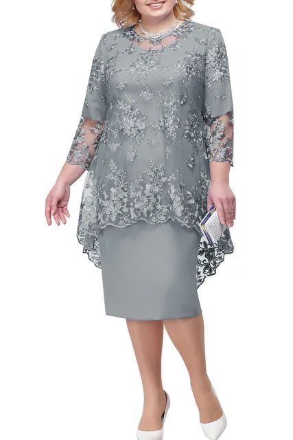 FSMG Plus Size Women Evening Gown Dress, Fashion Solid Color Round Neck High Waist Lace Embroidery Two - Piece Slim Fit Dress Set - SHOWLU FASHION STORE