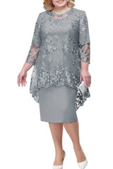 FSMG Plus Size Women Evening Gown Dress, Fashion Solid Color Round Neck High Waist Lace Embroidery Two - Piece Slim Fit Dress Set - SHOWLU FASHION STORE
