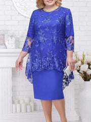 FSMG Plus Size Women Evening Gown Dress, Fashion Solid Color Round Neck High Waist Lace Embroidery Two - Piece Slim Fit Dress Set - SHOWLU FASHION STORE