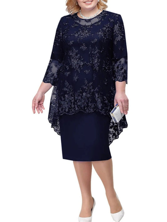 FSMG Plus Size Women Evening Gown Dress, Fashion Solid Color Round Neck High Waist Lace Embroidery Two - Piece Slim Fit Dress Set - SHOWLU FASHION STORE