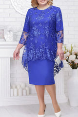 FSMG Plus Size Women Evening Gown Dress, Fashion Solid Color Round Neck High Waist Lace Embroidery Two - Piece Slim Fit Dress Set - SHOWLU FASHION STORE