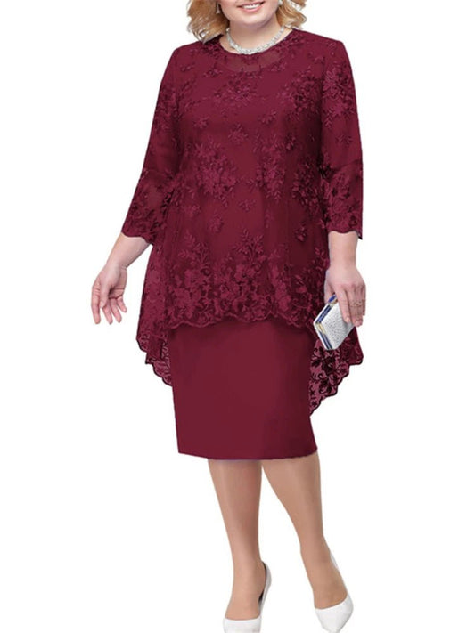 FSMG Plus Size Women Evening Gown Dress, Fashion Solid Color Round Neck High Waist Lace Embroidery Two - Piece Slim Fit Dress Set - SHOWLU FASHION STORE