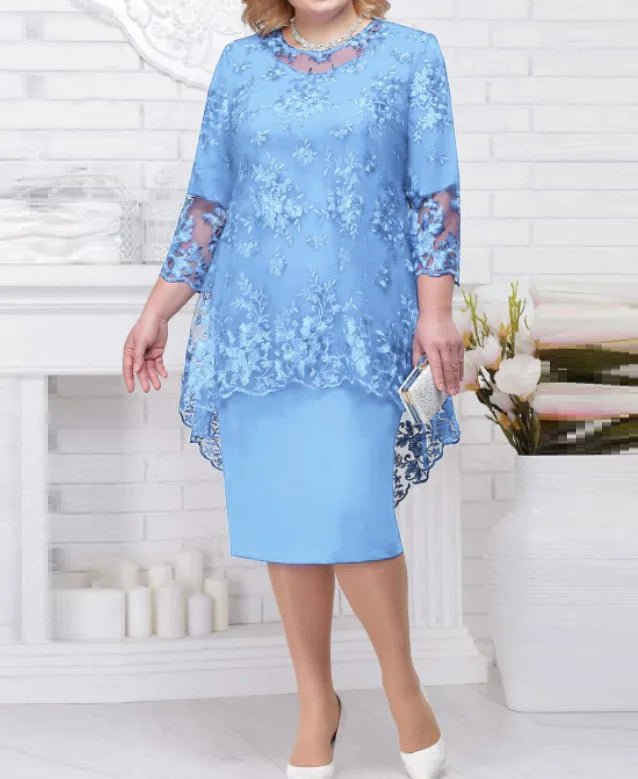 FSMG Plus Size Women Evening Gown Dress, Fashion Solid Color Round Neck High Waist Lace Embroidery Two - Piece Slim Fit Dress Set - SHOWLU FASHION STORE