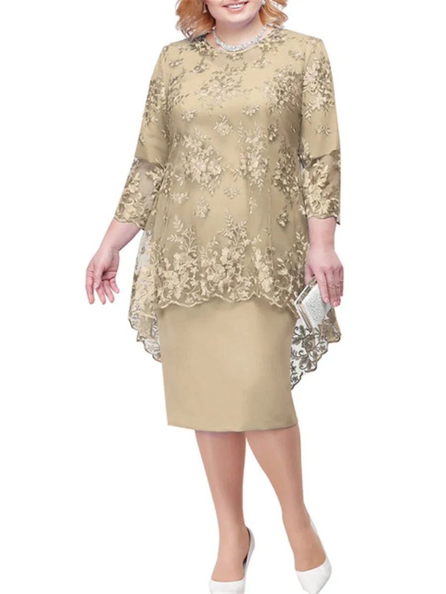 FSMG Plus Size Women Evening Gown Dress, Fashion Solid Color Round Neck High Waist Lace Embroidery Two - Piece Slim Fit Dress Set - SHOWLU FASHION STORE
