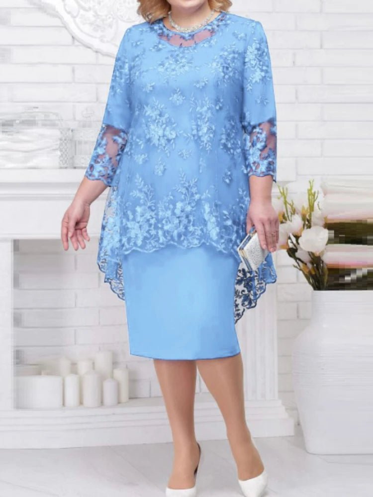 FSMG Plus Size Women Evening Gown Dress, Fashion Solid Color Round Neck High Waist Lace Embroidery Two - Piece Slim Fit Dress Set - SHOWLU FASHION STORE