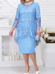 FSMG Plus Size Women Evening Gown Dress, Fashion Solid Color Round Neck High Waist Lace Embroidery Two - Piece Slim Fit Dress Set - SHOWLU FASHION STORE