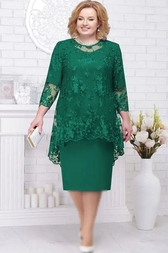 FSMG Plus Size Women Evening Gown Dress, Fashion Solid Color Round Neck High Waist Lace Embroidery Two - Piece Slim Fit Dress Set - SHOWLU FASHION STORE