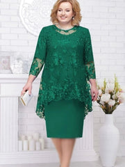 FSMG Plus Size Women Evening Gown Dress, Fashion Solid Color Round Neck High Waist Lace Embroidery Two - Piece Slim Fit Dress Set - SHOWLU FASHION STORE