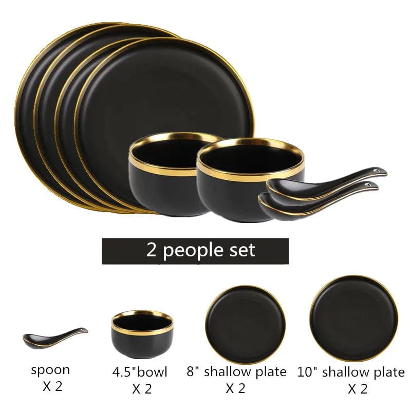 Gilt Rim Black Porcelain Dinner Plates Kitchen Dishes Ceramics Tableware Food Tray Rice Salad Noodles Bowl Cutlery Set - SHOWLU FASHION STORE