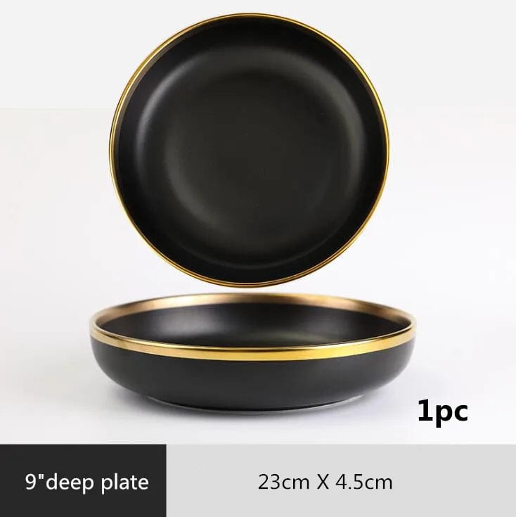 Gilt Rim Black Porcelain Dinner Plates Kitchen Dishes Ceramics Tableware Food Tray Rice Salad Noodles Bowl Cutlery Set - SHOWLU FASHION STORE