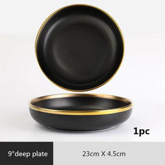 Gilt Rim Black Porcelain Dinner Plates Kitchen Dishes Ceramics Tableware Food Tray Rice Salad Noodles Bowl Cutlery Set - SHOWLU FASHION STORE
