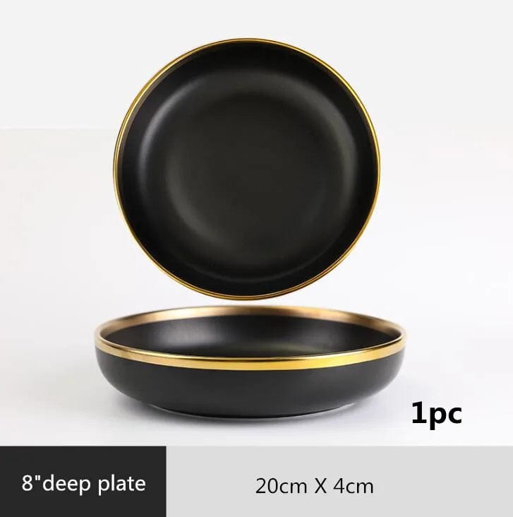 Gilt Rim Black Porcelain Dinner Plates Kitchen Dishes Ceramics Tableware Food Tray Rice Salad Noodles Bowl Cutlery Set - SHOWLU FASHION STORE