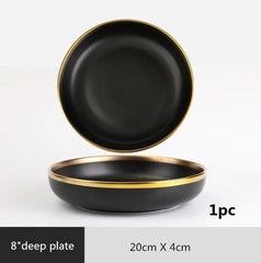 Gilt Rim Black Porcelain Dinner Plates Kitchen Dishes Ceramics Tableware Food Tray Rice Salad Noodles Bowl Cutlery Set - SHOWLU FASHION STORE