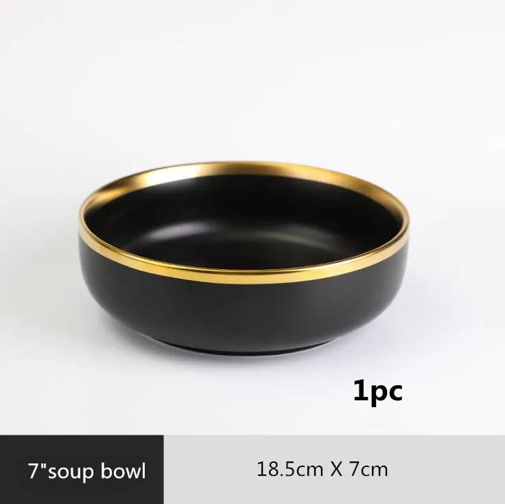 Gilt Rim Black Porcelain Dinner Plates Kitchen Dishes Ceramics Tableware Food Tray Rice Salad Noodles Bowl Cutlery Set - SHOWLU FASHION STORE
