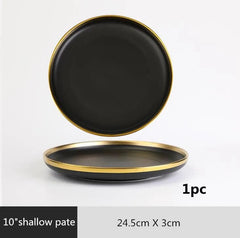 Gilt Rim Black Porcelain Dinner Plates Kitchen Dishes Ceramics Tableware Food Tray Rice Salad Noodles Bowl Cutlery Set - SHOWLU FASHION STORE