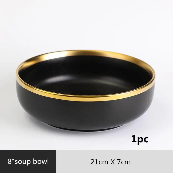 Gilt Rim Black Porcelain Dinner Plates Kitchen Dishes Ceramics Tableware Food Tray Rice Salad Noodles Bowl Cutlery Set - SHOWLU FASHION STORE