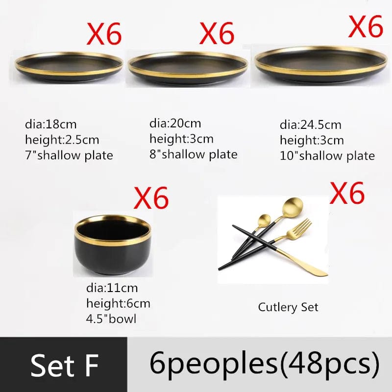 Gilt Rim Black Porcelain Dinner Plates Kitchen Dishes Ceramics Tableware Food Tray Rice Salad Noodles Bowl Cutlery Set - SHOWLU FASHION STORE