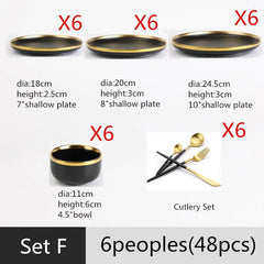 Gilt Rim Black Porcelain Dinner Plates Kitchen Dishes Ceramics Tableware Food Tray Rice Salad Noodles Bowl Cutlery Set - SHOWLU FASHION STORE