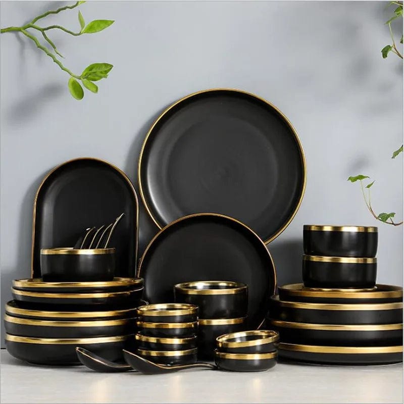 Gilt Rim Black Porcelain Dinner Plates Kitchen Dishes Ceramics Tableware Food Tray Rice Salad Noodles Bowl Cutlery Set - SHOWLU FASHION STORE
