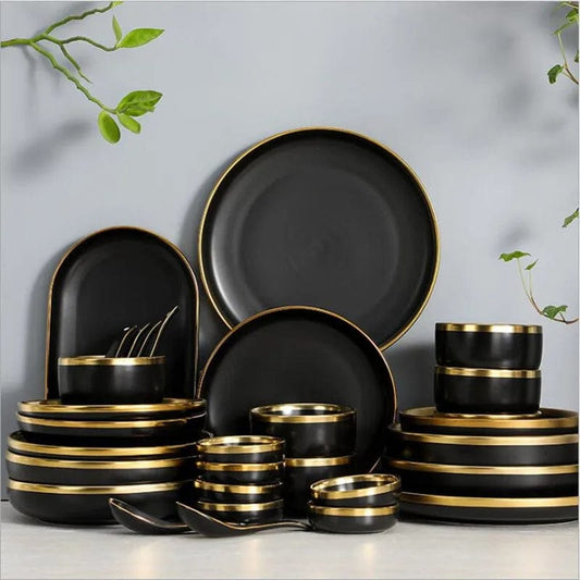 Gilt Rim Black Porcelain Dinner Plates Kitchen Dishes Ceramics Tableware Food Tray Rice Salad Noodles Bowl Cutlery Set - SHOWLU FASHION STORE