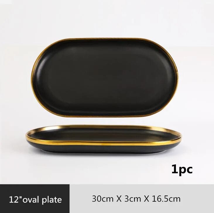 Gilt Rim Black Porcelain Dinner Plates Kitchen Dishes Ceramics Tableware Food Tray Rice Salad Noodles Bowl Cutlery Set - SHOWLU FASHION STORE
