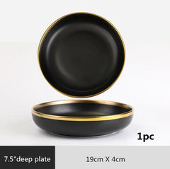 Gilt Rim Black Porcelain Dinner Plates Kitchen Dishes Ceramics Tableware Food Tray Rice Salad Noodles Bowl Cutlery Set - SHOWLU FASHION STORE