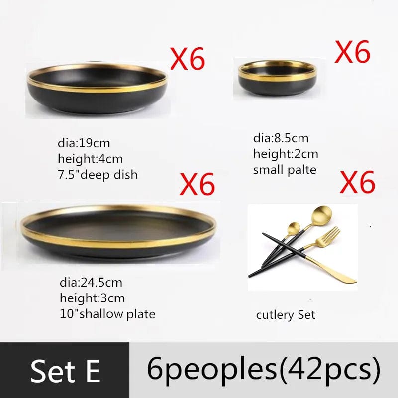 Gilt Rim Black Porcelain Dinner Plates Kitchen Dishes Ceramics Tableware Food Tray Rice Salad Noodles Bowl Cutlery Set - SHOWLU FASHION STORE