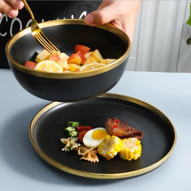Gilt Rim Black Porcelain Dinner Plates Kitchen Dishes Ceramics Tableware Food Tray Rice Salad Noodles Bowl Cutlery Set - SHOWLU FASHION STORE