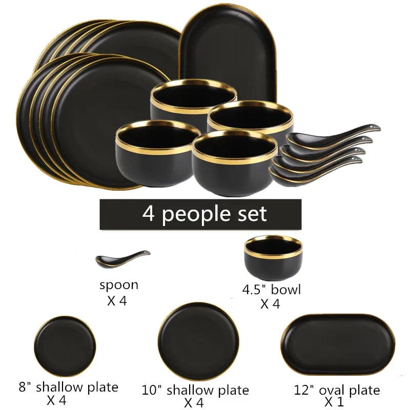Gilt Rim Black Porcelain Dinner Plates Kitchen Dishes Ceramics Tableware Food Tray Rice Salad Noodles Bowl Cutlery Set - SHOWLU FASHION STORE
