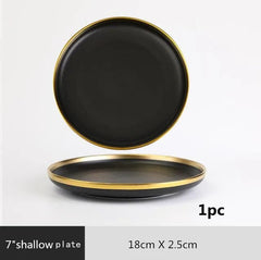 Gilt Rim Black Porcelain Dinner Plates Kitchen Dishes Ceramics Tableware Food Tray Rice Salad Noodles Bowl Cutlery Set - SHOWLU FASHION STORE