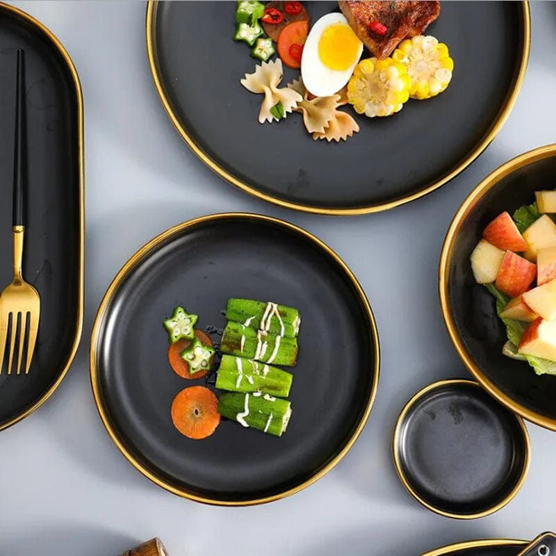 Gilt Rim Black Porcelain Dinner Plates Kitchen Dishes Ceramics Tableware Food Tray Rice Salad Noodles Bowl Cutlery Set - SHOWLU FASHION STORE
