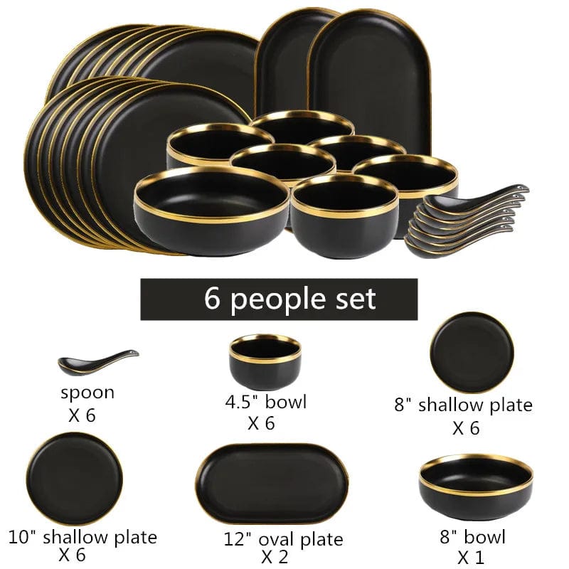 Gilt Rim Black Porcelain Dinner Plates Kitchen Dishes Ceramics Tableware Food Tray Rice Salad Noodles Bowl Cutlery Set - SHOWLU FASHION STORE