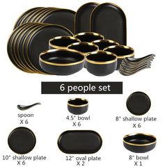 Gilt Rim Black Porcelain Dinner Plates Kitchen Dishes Ceramics Tableware Food Tray Rice Salad Noodles Bowl Cutlery Set - SHOWLU FASHION STORE