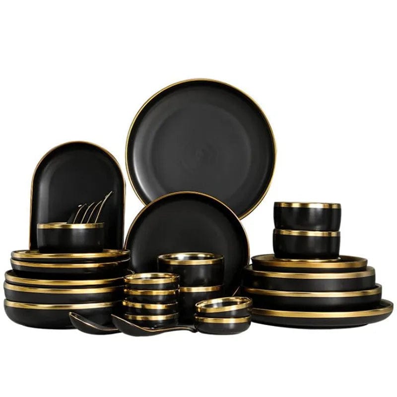 Gilt Rim Black Porcelain Dinner Plates Kitchen Dishes Ceramics Tableware Food Tray Rice Salad Noodles Bowl Cutlery Set - SHOWLU FASHION STORE
