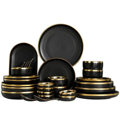 Gilt Rim Black Porcelain Dinner Plates Kitchen Dishes Ceramics Tableware Food Tray Rice Salad Noodles Bowl Cutlery Set - SHOWLU FASHION STORE