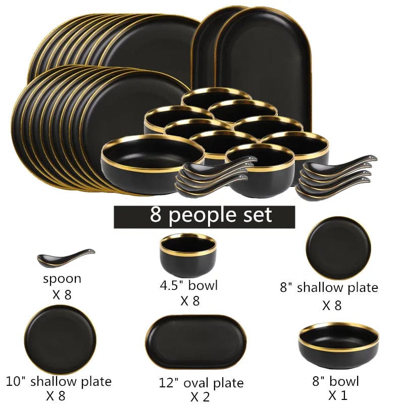 Gilt Rim Black Porcelain Dinner Plates Kitchen Dishes Ceramics Tableware Food Tray Rice Salad Noodles Bowl Cutlery Set - SHOWLU FASHION STORE