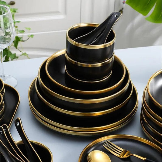 Gilt Rim Black Porcelain Dinner Plates Kitchen Dishes Ceramics Tableware Food Tray Rice Salad Noodles Bowl Cutlery Set - SHOWLU FASHION STORE