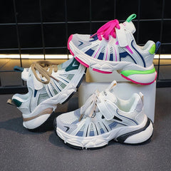 Girl's Color Block Mesh Breathable Chunky Shoes Comfy Non Slip Lace Up Durable Sneakers For Kid's Outdoor Activities - SHOWLU FASHION STORE